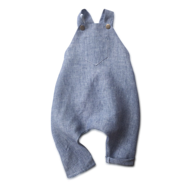Expandable grow-with-me blue linen baby & toddler harem romper